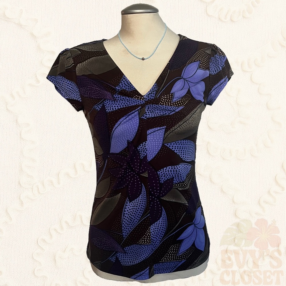 Vintage ‘Cleo’ Purple/Blue Floral V-Neck Short Sleeve Top Womens Small